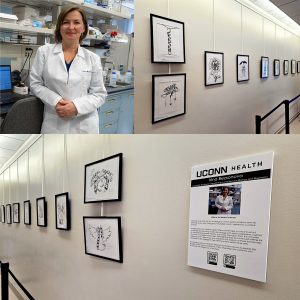 Photo collage of Irina Bezsonova and pictures of her display.