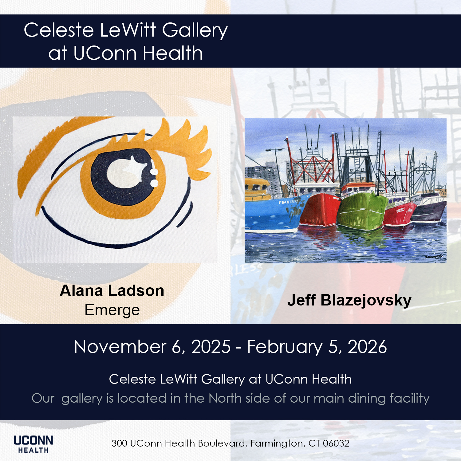 Dual promotion for both artists on display- Alana Ladson's painting on the left and Jeff Blazejovsky's painting on the right.