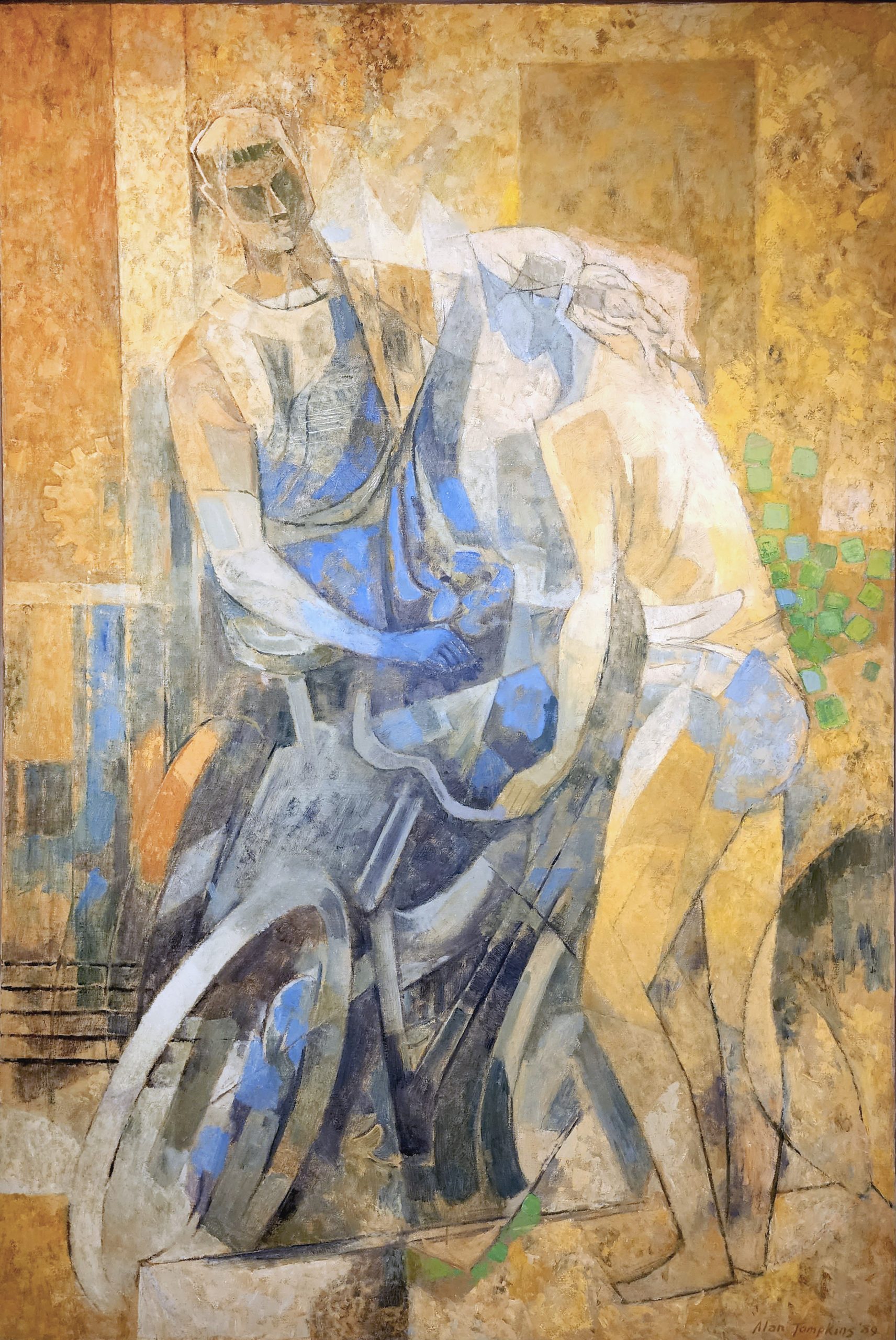 "Two Figures with Bicycle" by Alan Tompkins, 61 x 41