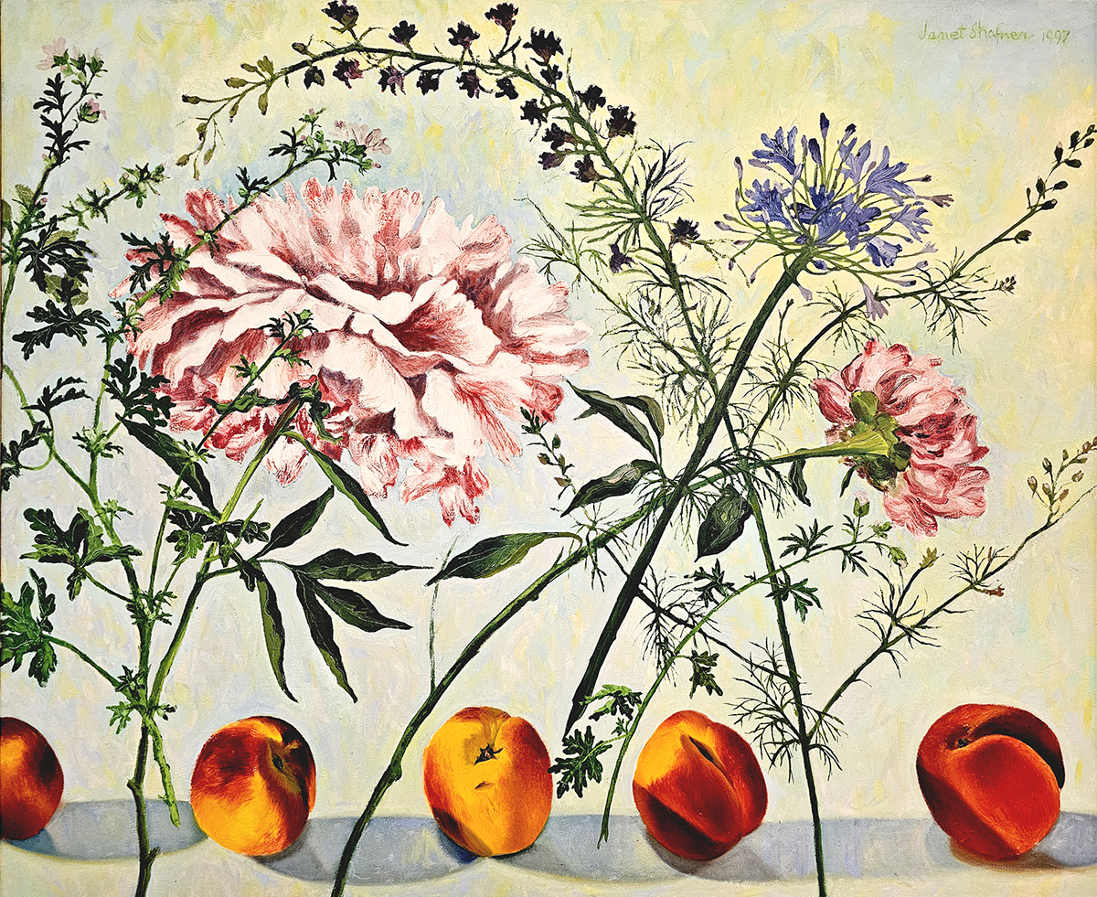 "Peaches and Flowers" by Janet Shafner, 48 x 40, Oil on Canvas