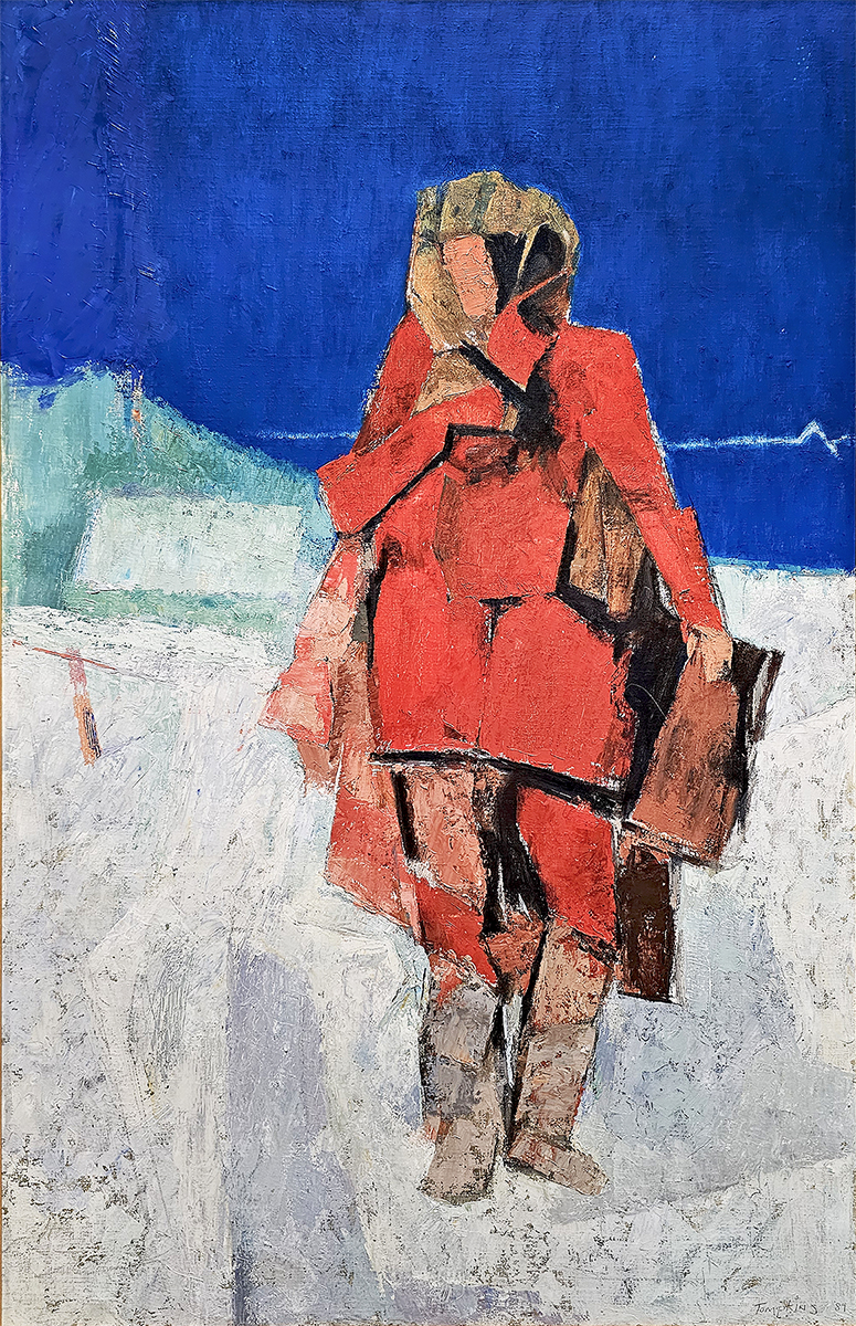 "Person in Snow Wearing Red" by Alan Tompkins, 27 x 41, Oil on Canvas