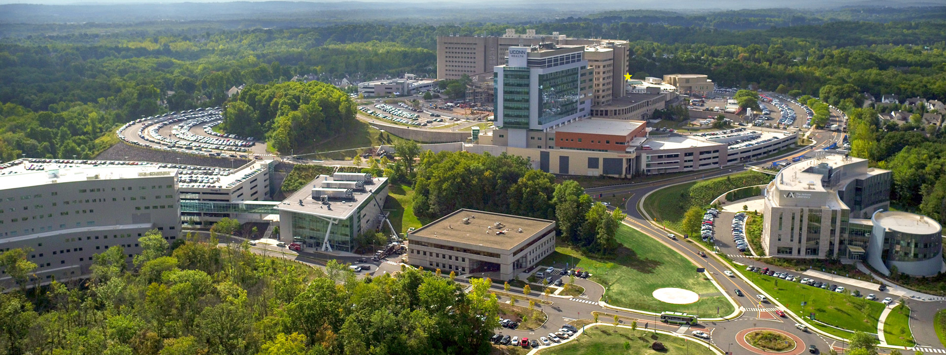 Aerial view of UConn Health with a gold star showing the location of our lab