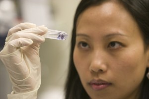 Female researcher looking at test tube