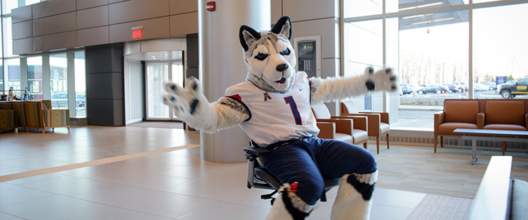 Jonathan the Husky mascot in the UConn Health lobby
