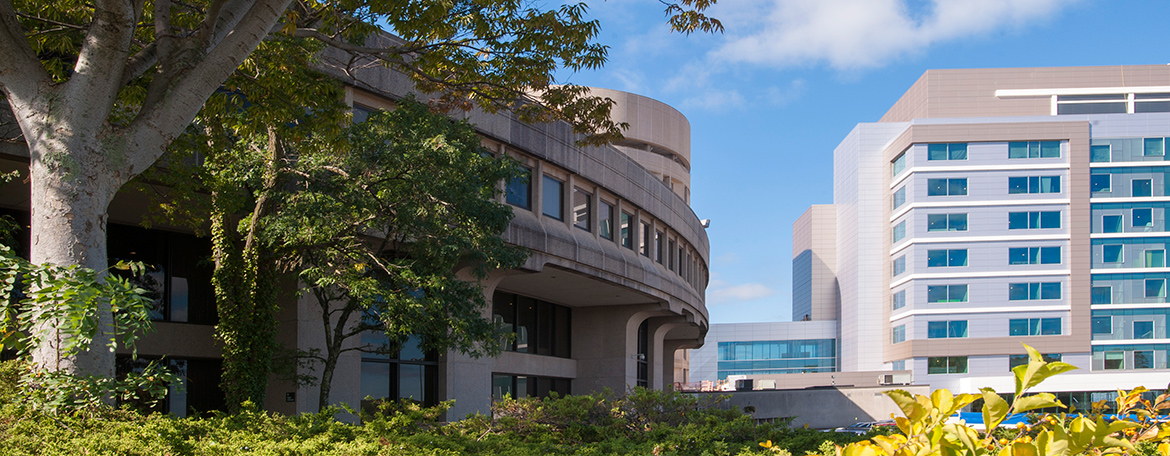 UConn Health campus, the new hospital tower next to the original hospital entrance