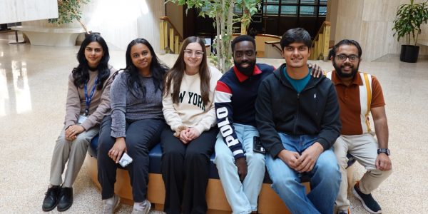 Group of six graduate students inside sitting in a row on a bench in front of a small tree smiling and posing a picture