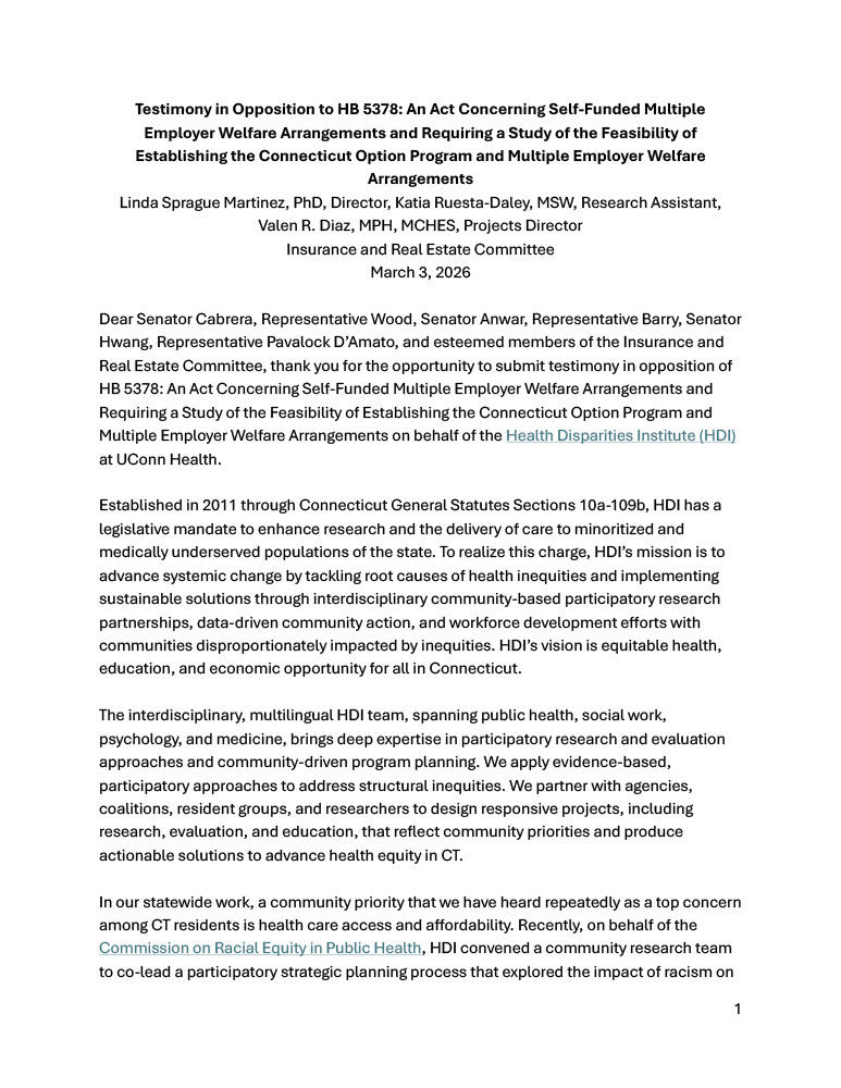 Testimony in Opposition to HB 5378: An Act Concerning Self-Funded Multiple Employer Welfare Arrangements and Requiring a Study of the Feasibility of Establishing the Connecticut Option Program and Multiple Employer Welfare Arrangements
