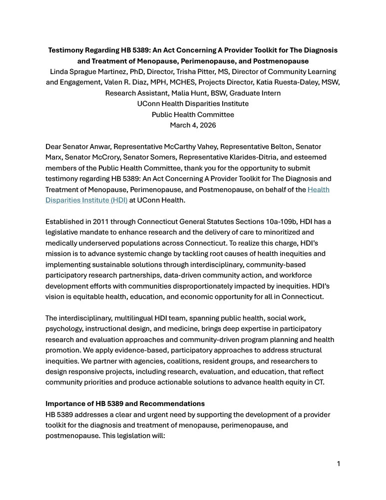 Testimony Regarding HB 5389: An Act Concerning A Provider Toolkit for The Diagnosis and Treatment of Menopause, Perimenopause, and Postmenopause