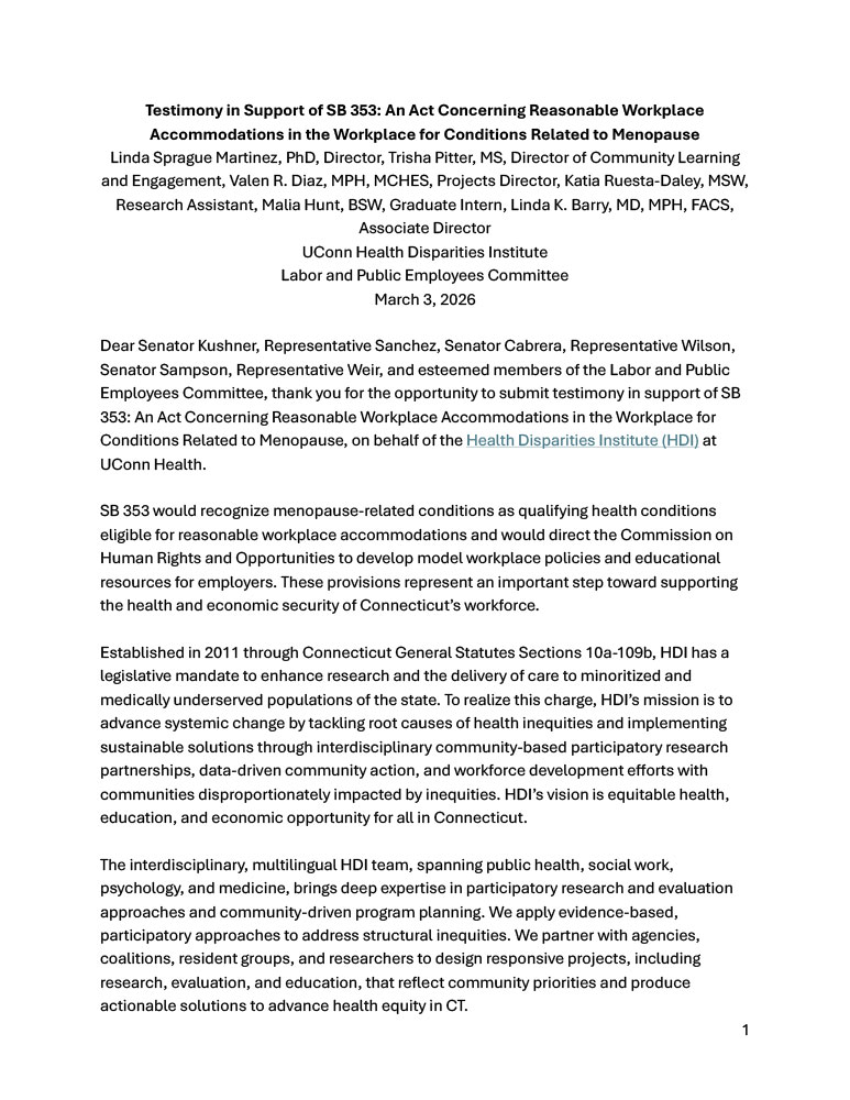 Testimony in Support of SB 353: An Act Concerning Reasonable Workplace Accommodations in the Workplace for Conditions Related to Menopause