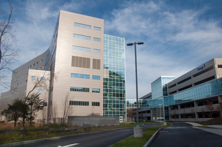 Photo of the Outpatient Pavilion exterior and adjacent parking garage