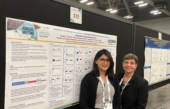 Prachi Thakore and mentor, Dr. Anne Delany, were selected to present their abstract poster titled "Inhibition of miR-433-3p Activitiy in Osteoblastic Cells Attenuates Glucocorticoid-Mediated Trabecular Bone Loss" at the ASMBR 2022 Annual Meeting, held September 9th-12th, at the Austin Convention Center in Austin, Texas.