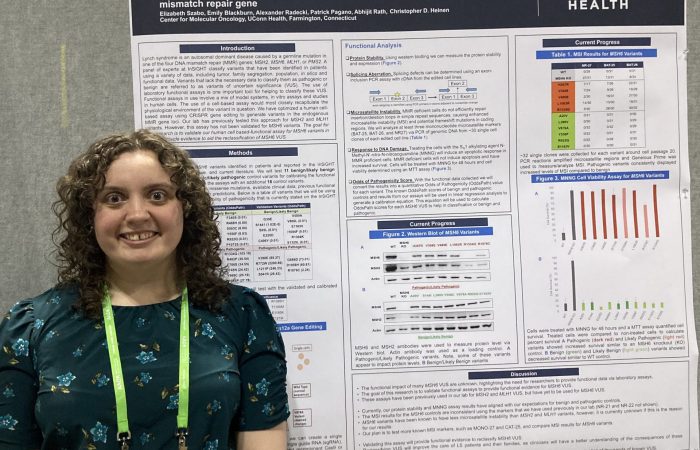 Elizabeth Szabo presents her research on "Functional analysis of variants of uncertain significance of the MSH6 mismatch repair gene" at the 2023 AACR in Orlando, FL.