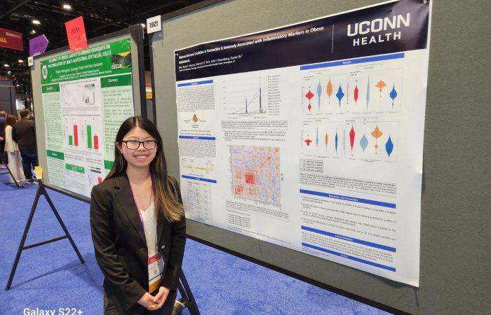 Nuoxi Fan presents her research on "Walnut-derived urolithin a formation is inversely associated with inflammatory markers in obese individuals." at Digestive Disease Week 2023 in Chicago, IL.