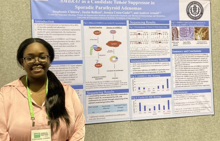 Stephanie Chinwo presents her research on "Molecular Analysis of AMBRA1 as a Candidate Tumor Suppressor in Sporadic Parathyroid Adenomas" at the 2023 AACR in Orlando, FL.