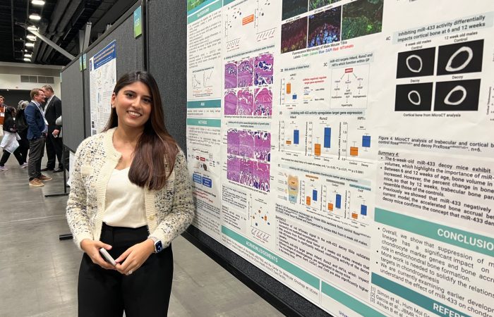 Prachi Thakore presenting their abstract titled "A Crucial Role For microRNA-433-3p in Endochondral Ossification: suppressing miR-433-3p in the osteochondral lineage alters growth plate morphology and bone growth" at the 2023 ASBMR Annual Meeting.