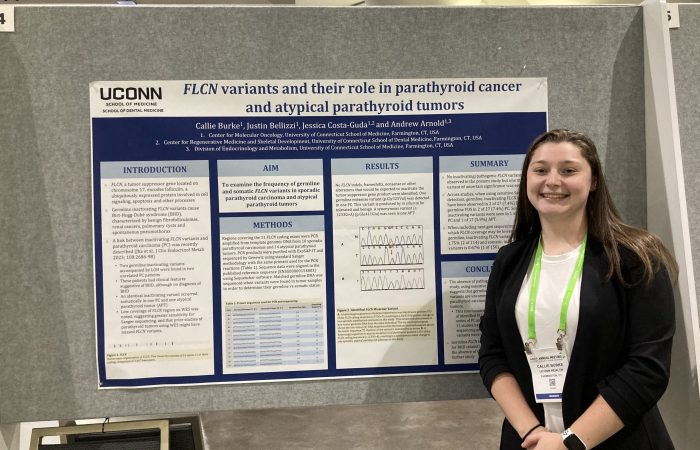 Callie Burke presents her research on "FLCN Variants and Their Role in Parathyroid Cancer and Atypical Parathyroid Tumors." at the 2024 AACR in San Diego, CA.