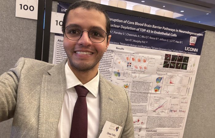 Omar Moustafa Fathy Omar presents his research on "Combined Single-Cell and Intranuclear CITE-Seq Reveals Transcriptional Association of Reduced TDP-43 in Brain Vascular Endothelial Cells in Neurodegenerative Disease." at the 2024 AAP/ASCI/APSA Joint Meeting in Chicago, IL.