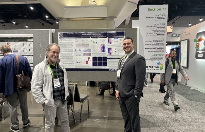 Ryan Beach presents his research on "The combination of EPA and naproxen suppresses colon tumorigenesis via altering the TME and promoting epithelial maturation in cancerous crypts." at the 2024 AACR in San Diego, CA. Pictured with his PI, Dr. Daniel Rosenberg.