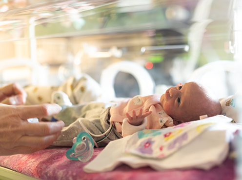 Baby in a NICU incubator with a hand touching them