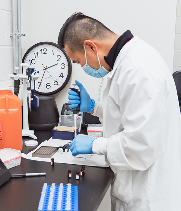 Microbiology researcher pipetting in the lab