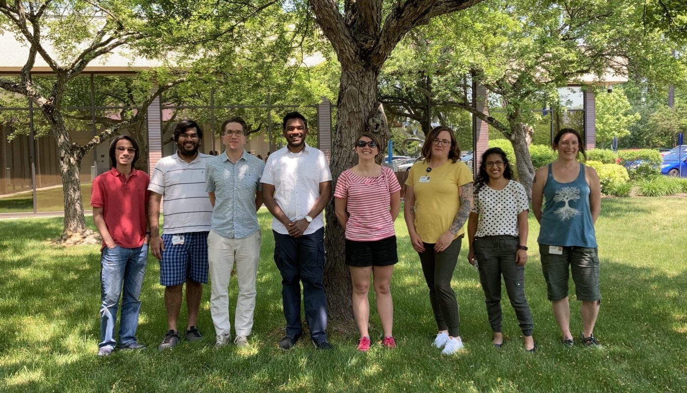 Eight lab members standing outside in front of a tree on a sunny day