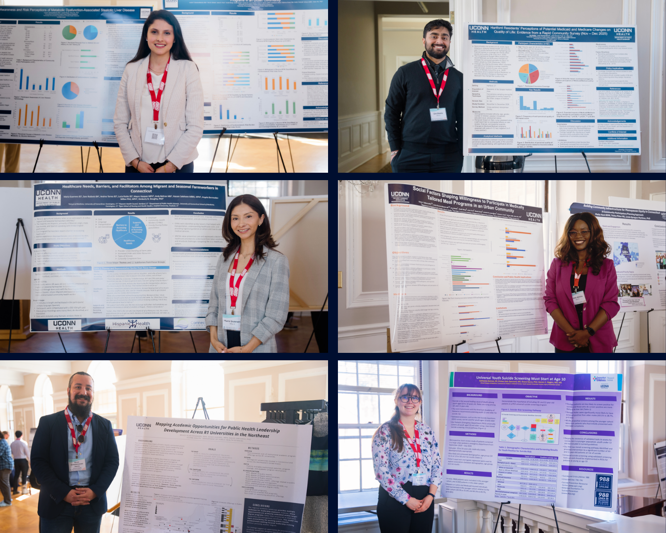 a collage of students at CPHA in front their research posters