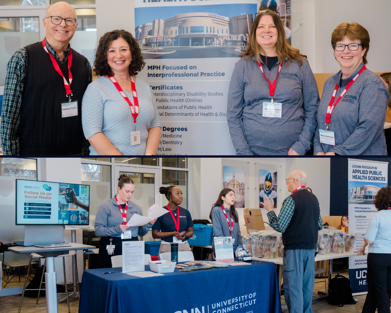 A collage of people smiling in front of table at CPHA