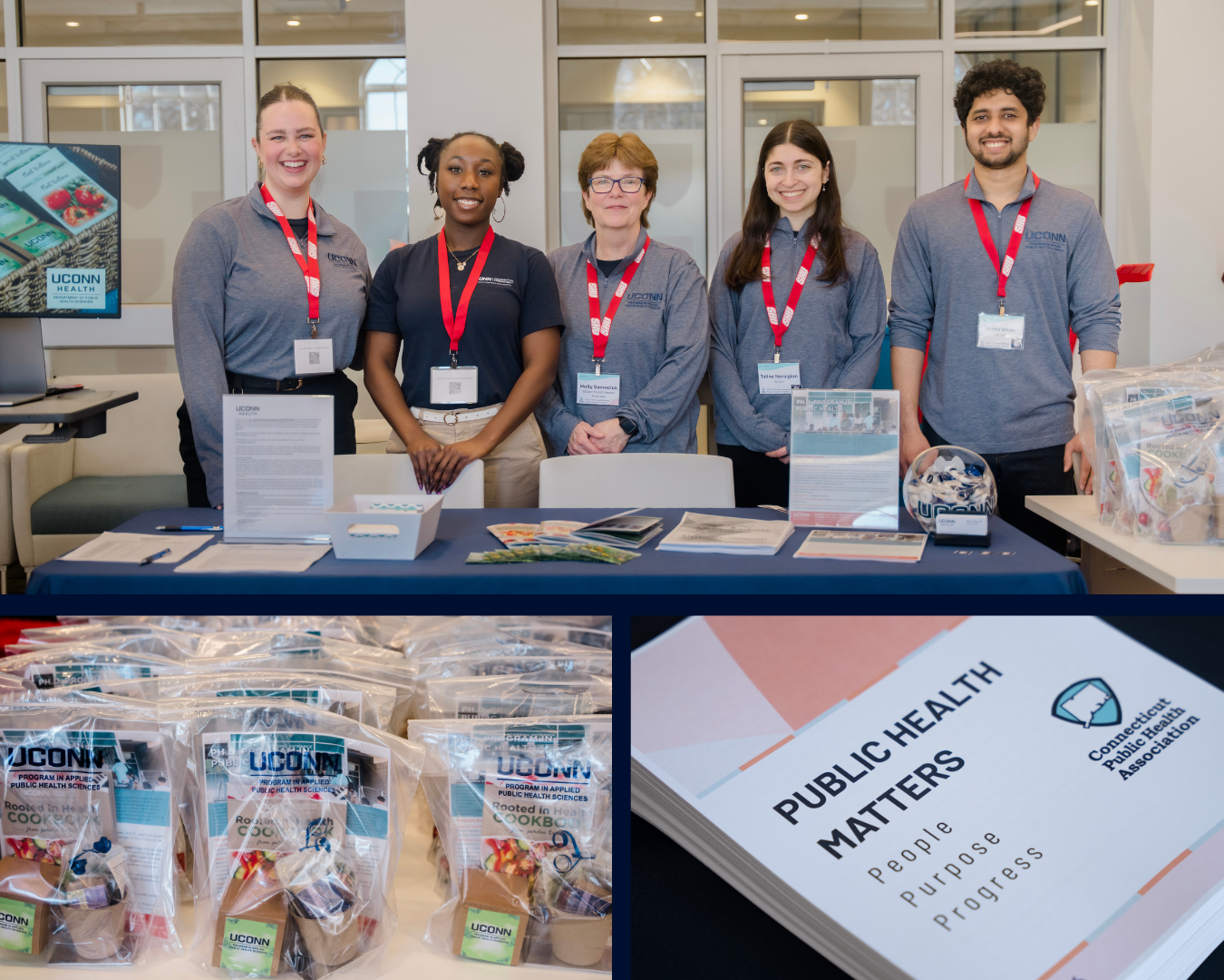 A collage of items on table at CPHA and people smiling