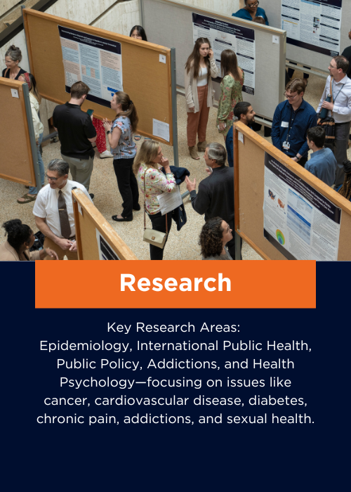 Key Research Areas: Epidemiology, International Public Health, Public Policy, Addictions, and Health Psychology—focusing on issues like cancer, cardiovascular disease, diabetes, chronic pain, addictions, and sexual health.