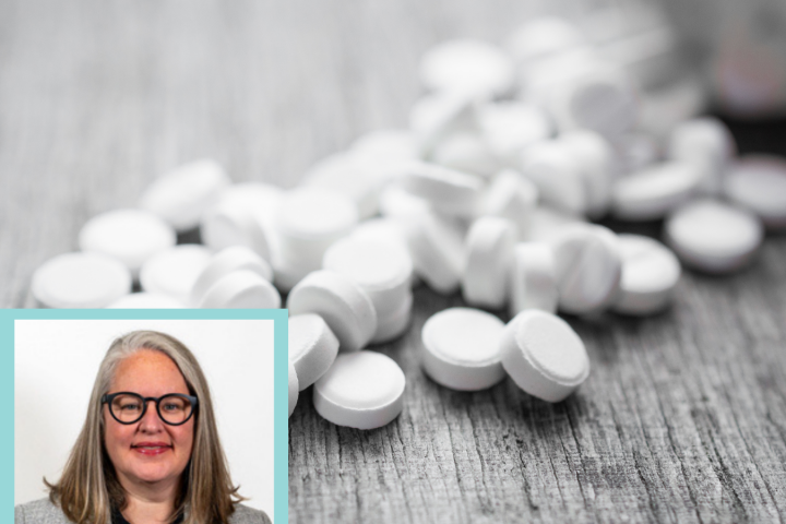 headshot of Megan O'Grady infront of an image of spilt pills