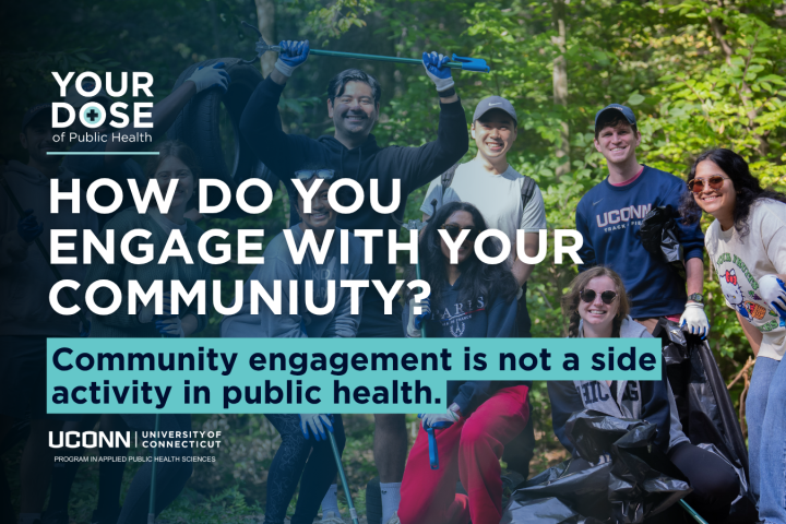 image of students and faculty working outdoors with miscellaneous gardening tools. text "How do You Engage with Your Community" overlays image.