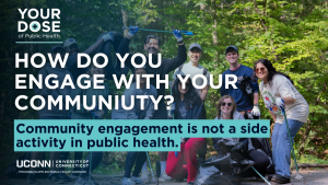 image of students and faculty working outdoors with miscellaneous gardening tools. text "How do You Engage with Your Community" overlays image.