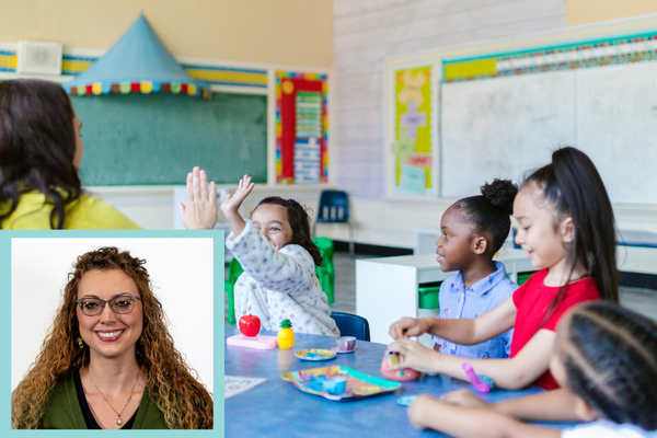 Students learning together in a classroom, with an inset portrait of researcher Misti Zamora.