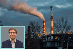 Nicholas Pellegrino, PhD student, in an inset headshot over industrial smokestacks emitting smoke at dusk.