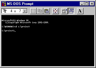 MS DOS Dialogue box which reads cd c:\PROJECT