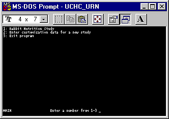MS DOS Window for the Main Menu which lists existing studies, allows you to create new studies, and exit the urn program