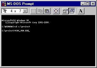 MS DOS Window which shows the C:\Project directory and UCHC_URN.exe typed in