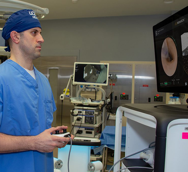 Omar Ibrahim, M.D., using the Monarch Robotic-Assisted Bronchoscopy