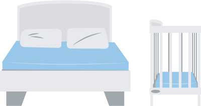 An illustration of a crib sitting next to an adult bed