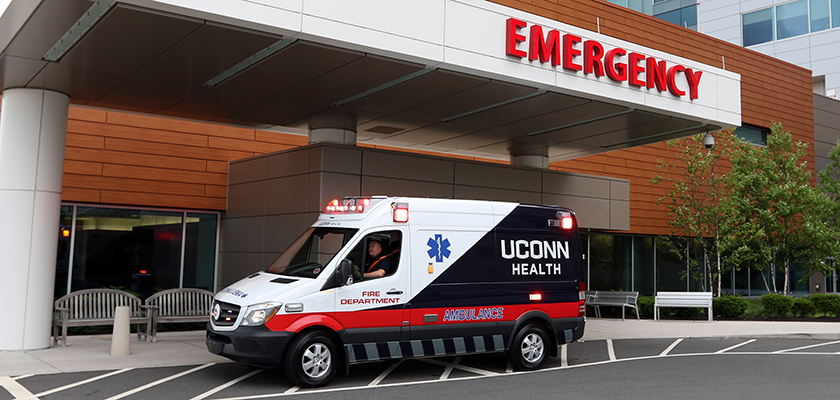 Ambulance parked in front of the Emergency Department entrance