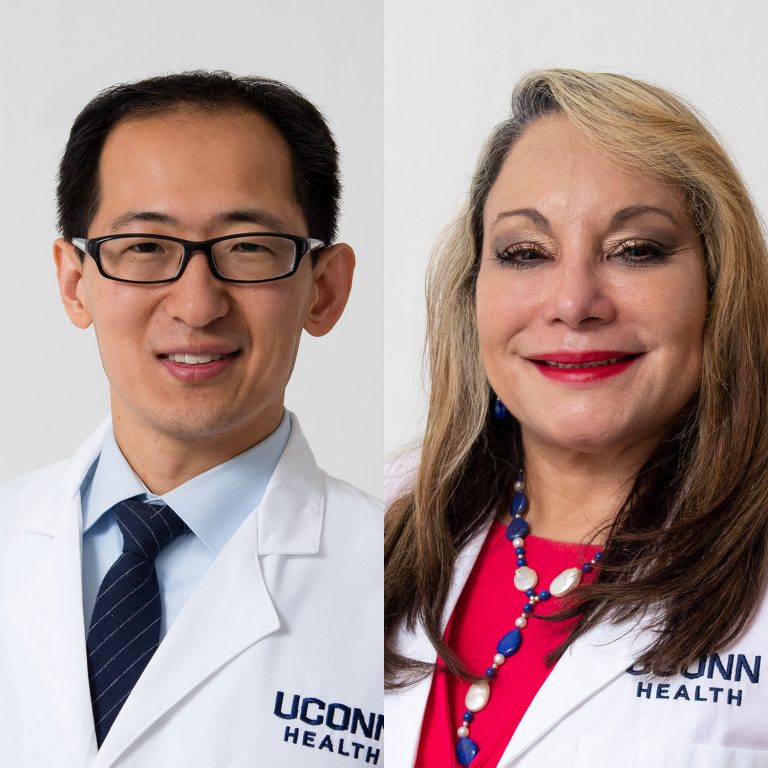 Drs. Hao Feng and Maritza Perez portait collage white coats