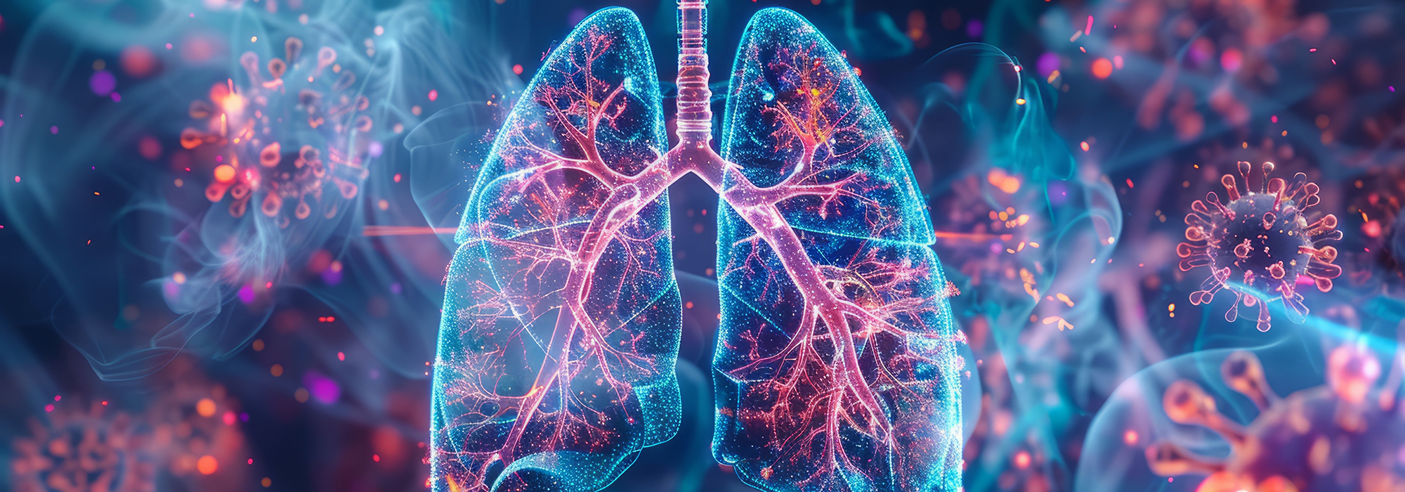 Digital illustration of human lungs with trachea surrounded by virus particles