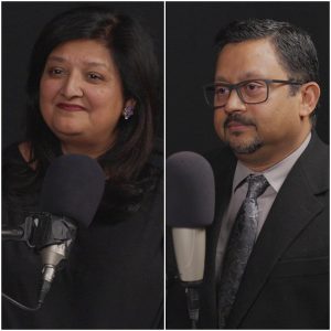 collage Drs. Katechia and Gopalakrishna at microphones