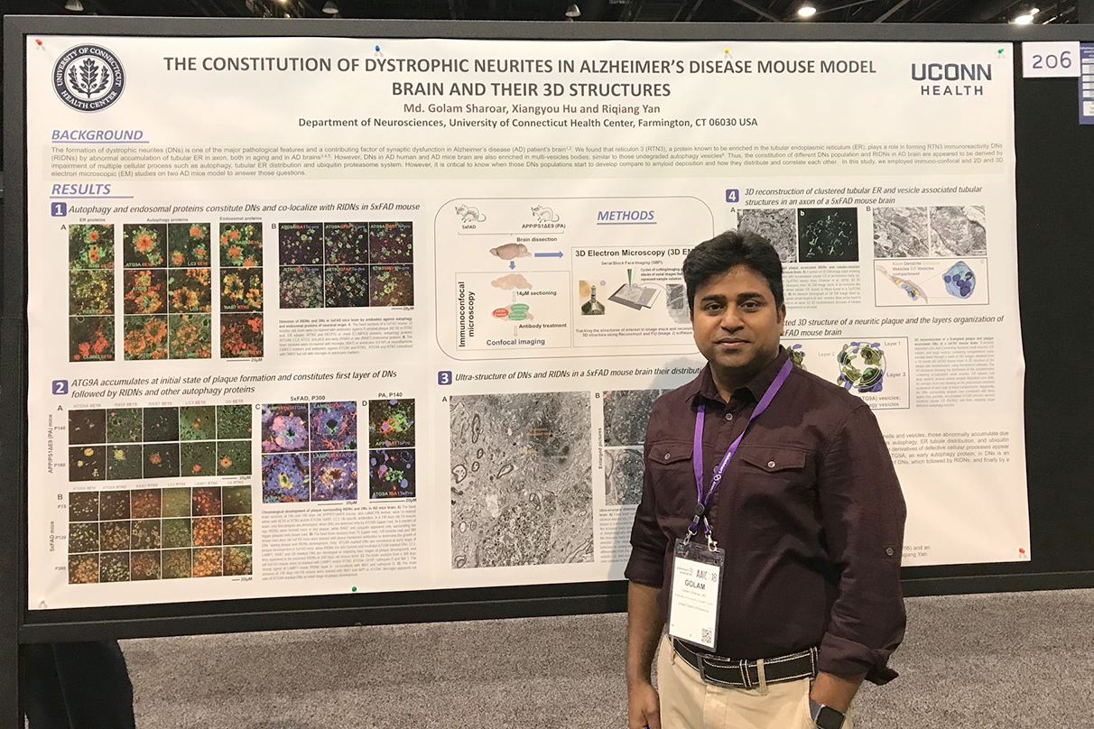 Dr. Sharoar presenting a poster at the Alzheimer's Association International Conference on July 22, 2018 in Chicago, IL.